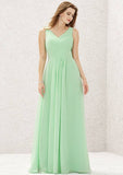 A-Line Sleeveless Floor-Length Chiffon Sexy Bridesmaid Dress, V-Neck With Pleats BM bride