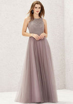 Long/Floor-Length Lace Tulle Bridesmaid Dress, A-Line Cut, Scoop Neck, Sleeveless BM bride