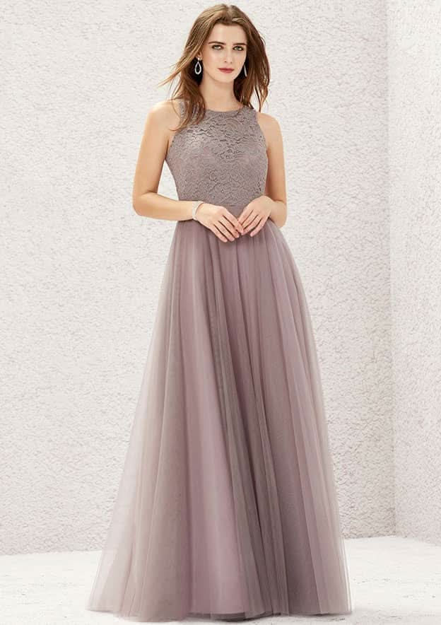 Long/Floor-Length Lace Tulle Bridesmaid Dress, A-Line Cut, Scoop Neck, Sleeveless BM bride