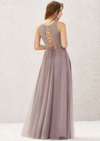 Long/Floor-Length Lace Tulle Bridesmaid Dress, A-Line Cut, Scoop Neck, Sleeveless BM bride