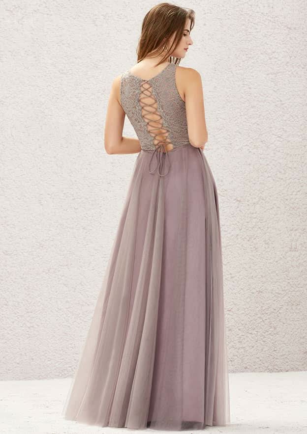 Long/Floor-Length Lace Tulle Bridesmaid Dress, A-Line Cut, Scoop Neck, Sleeveless BM bride
