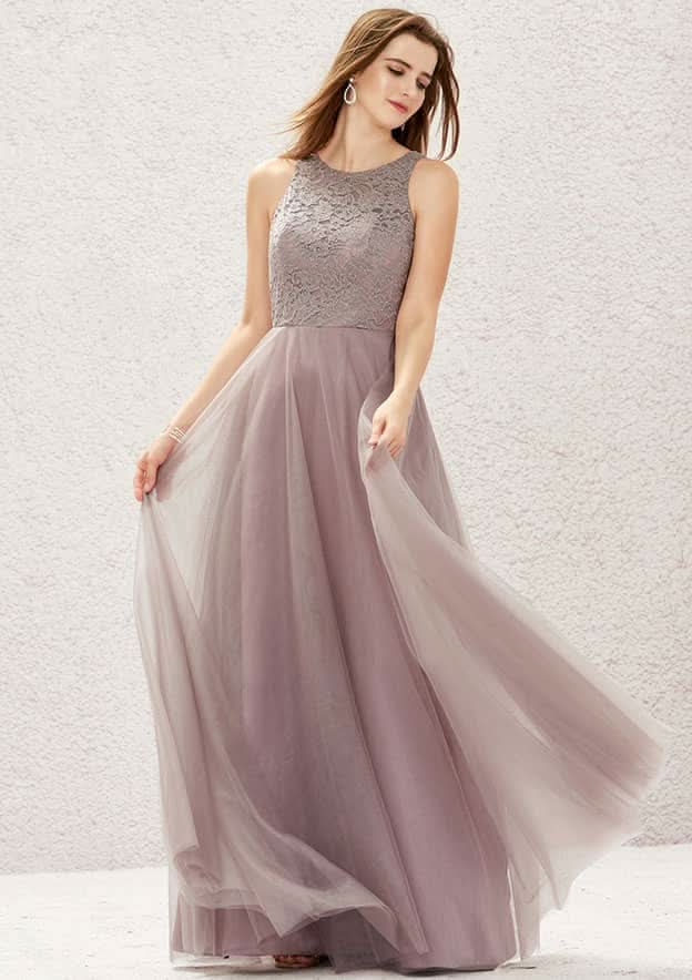 Long/Floor-Length Lace Tulle Bridesmaid Dress, A-Line Cut, Scoop Neck, Sleeveless BM bride