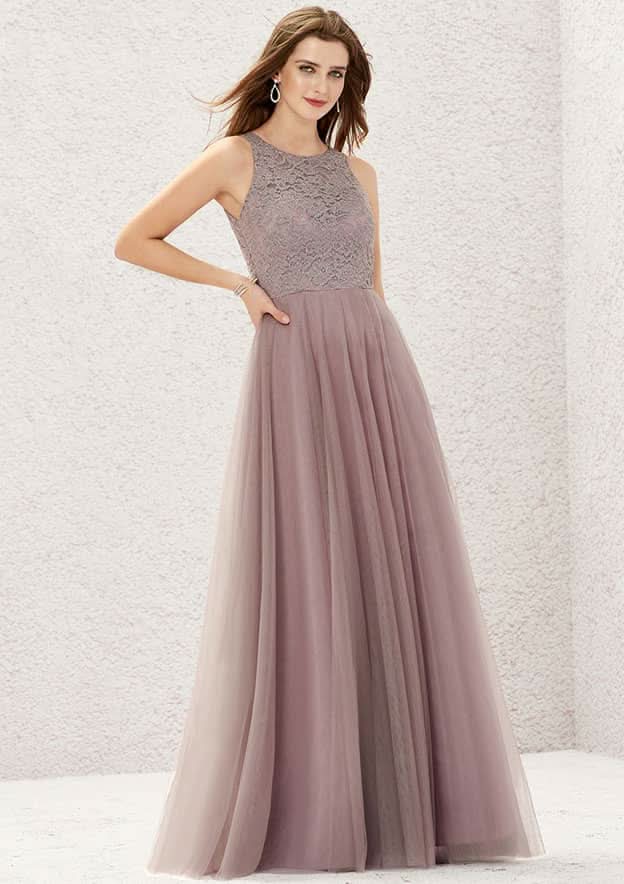 Long/Floor-Length Lace Tulle Bridesmaid Dress, A-Line Cut, Scoop Neck, Sleeveless BM bride