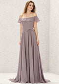 Long/Floor-Length Chiffon Bridesmaid Dress, Off-The-Shoulder Neckline, Sweep Train, With Ruffled Sashes BM bride