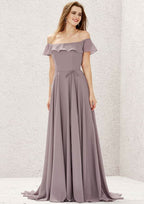 Long/Floor-Length Chiffon Bridesmaid Dress, Off-The-Shoulder Neckline, Sweep Train, With Ruffled Sashes BM bride