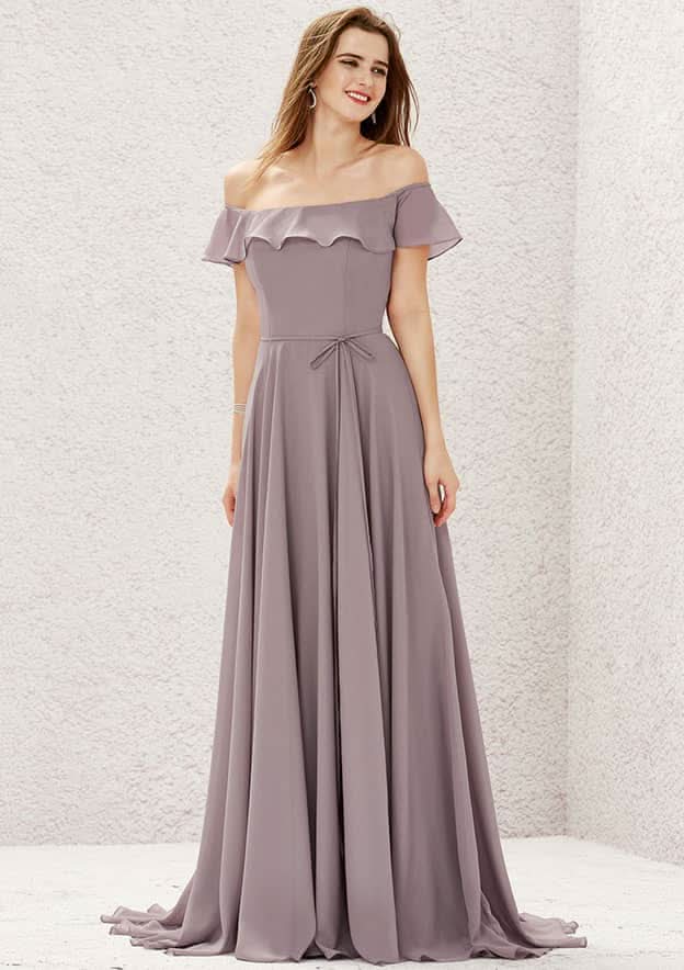 Long/Floor-Length Chiffon Bridesmaid Dress, Off-The-Shoulder Neckline, Sweep Train, With Ruffled Sashes BM bride