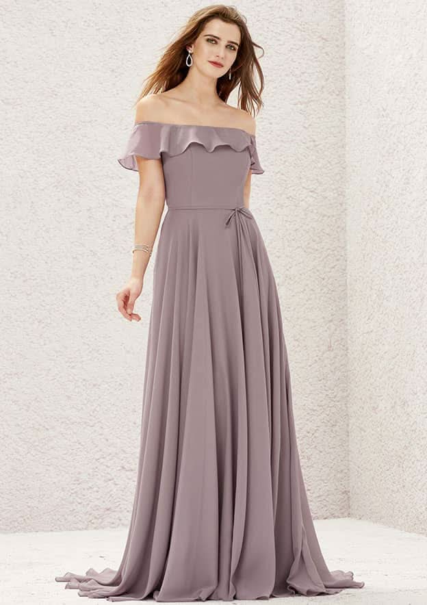 Long/Floor-Length Chiffon Bridesmaid Dress, Off-The-Shoulder Neckline, Sweep Train, With Ruffled Sashes BM bride