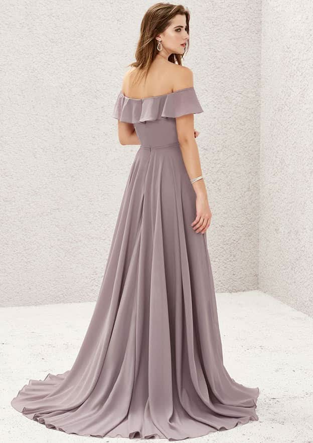 Long/Floor-Length Chiffon Bridesmaid Dress, Off-The-Shoulder Neckline, Sweep Train, With Ruffled Sashes BM bride