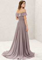 Long/Floor-Length Chiffon Bridesmaid Dress, Off-The-Shoulder Neckline, Sweep Train, With Ruffled Sashes BM bride