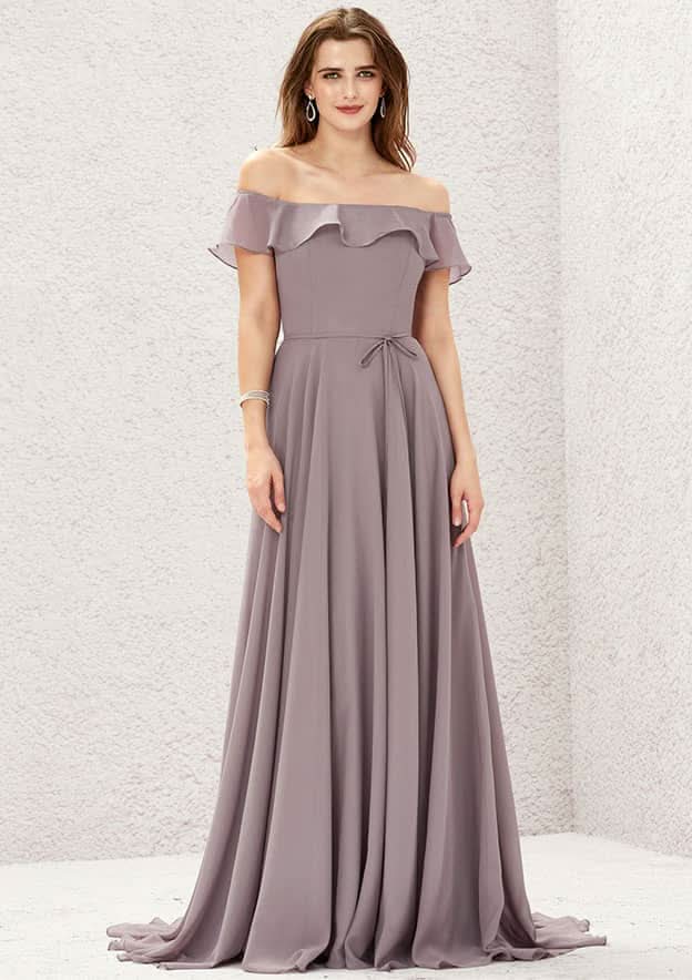 Long/Floor-Length Chiffon Bridesmaid Dress, Off-The-Shoulder Neckline, Sweep Train, With Ruffled Sashes BM bride