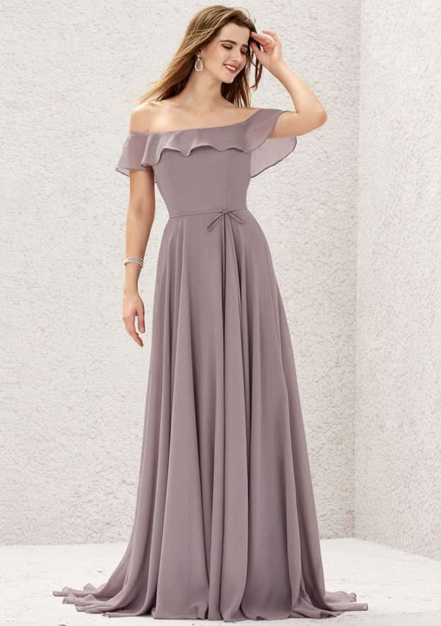 Long/Floor-Length Chiffon Bridesmaid Dress, Off-The-Shoulder Neckline, Sweep Train, With Ruffled Sashes BM bride