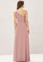 Long/Floor-Length Chiffon Bridesmaid Dress, A-Line Cut, One-Shoulder, Sleeveless, With Pleating BM bride