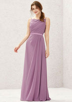 Long/Floor-Length Chiffon Bridesmaid Dress, A-Line Cut, Bateau Neckline, Sleeveless, With Sashes And Pleating BM bride