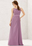 Long/Floor-Length Chiffon Bridesmaid Dress, A-Line Cut, Bateau Neckline, Sleeveless, With Sashes And Pleating BM bride