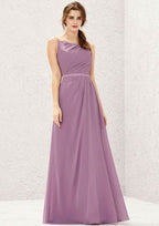 Long/Floor-Length Chiffon Bridesmaid Dress, A-Line Cut, Bateau Neckline, Sleeveless, With Sashes And Pleating BM bride