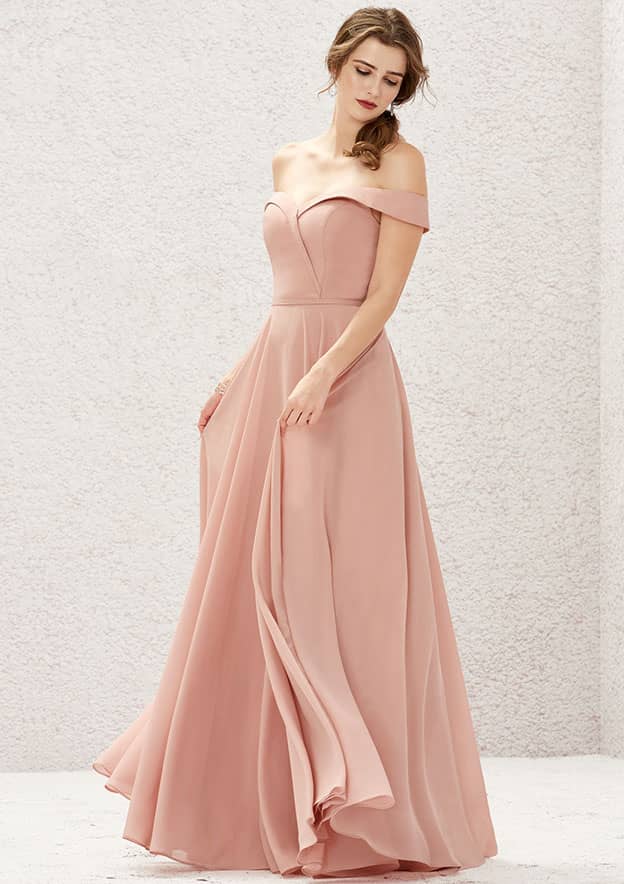 Long/Floor-Length Chiffon Bridesmaid Dress, Off-The-Shoulder Neckline, Sleeveless, With Pleats BM bride