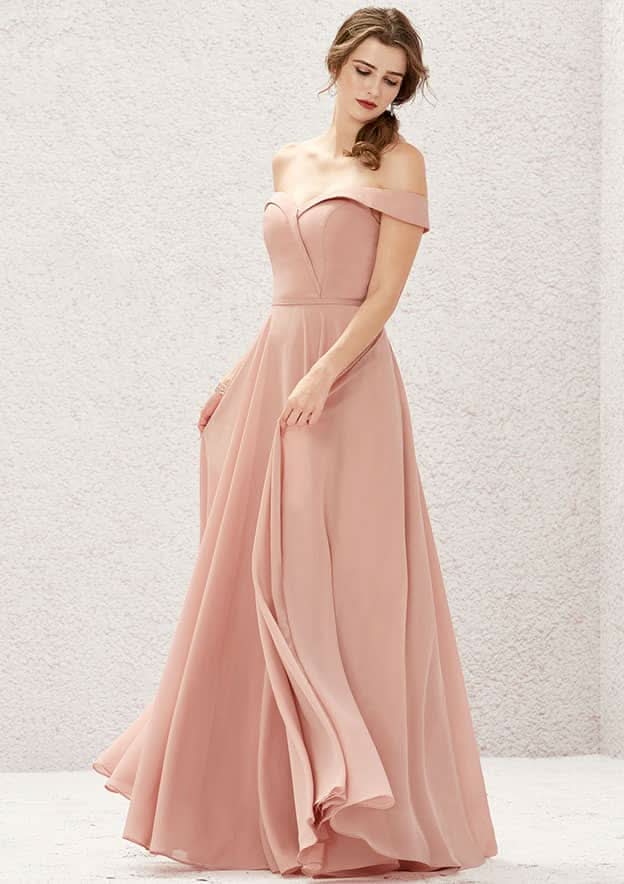 Long/Floor-Length Chiffon Bridesmaid Dress, Off-The-Shoulder Neckline, Sleeveless, With Pleats BM bride