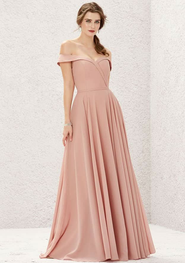 Long/Floor-Length Chiffon Bridesmaid Dress, Off-The-Shoulder Neckline, Sleeveless, With Pleats BM bride