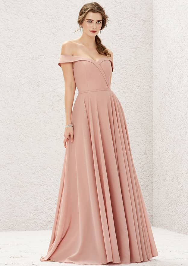 Long/Floor-Length Chiffon Bridesmaid Dress, Off-The-Shoulder Neckline, Sleeveless, With Pleats BM bride