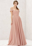 Long/Floor-Length Chiffon Bridesmaid Dress, Off-The-Shoulder Neckline, Sleeveless, With Pleats BM bride