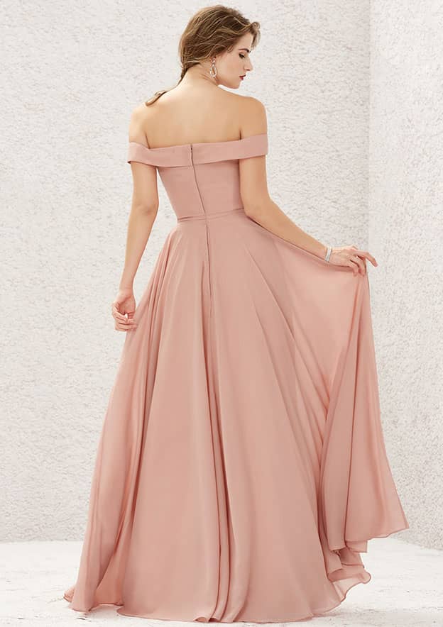 Long/Floor-Length Chiffon Bridesmaid Dress, Off-The-Shoulder Neckline, Sleeveless, With Pleats BM bride