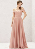 Long/Floor-Length Chiffon Bridesmaid Dress, Off-The-Shoulder Neckline, Sleeveless, With Pleats BM bride