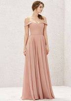 Long/Floor-Length Chiffon Bridesmaid Dress, Off-The-Shoulder Neckline, Sleeveless, With Pleats BM bride