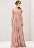 Long/Floor-Length Chiffon Bridesmaid Dress, Off-The-Shoulder Neckline, Sleeveless, With Pleats BM bride