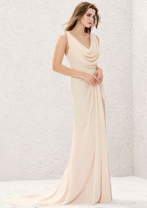 A-Line/Princess Sweep Train Sleeveless Chiffon Bridesmaid Dress, Cowl Neck With Pleats And Split BM bride