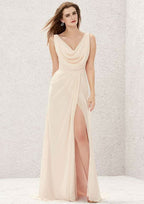 A-Line/Princess Sweep Train Sleeveless Chiffon Bridesmaid Dress, Cowl Neck With Pleats And Split BM bride