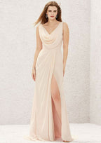 A-Line/Princess Sweep Train Sleeveless Chiffon Bridesmaid Dress, Cowl Neck With Pleats And Split BM bride