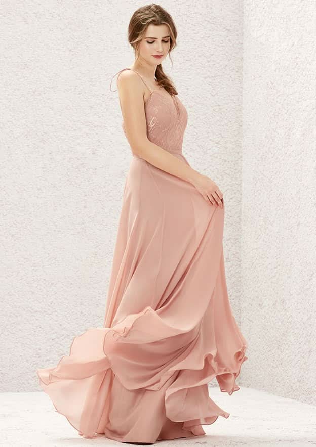 Long/Floor-Length Chiffon Bridesmaid Dress, A-Line Cut, V-Neck, Sleeveless, With Lace Pleating BM bride