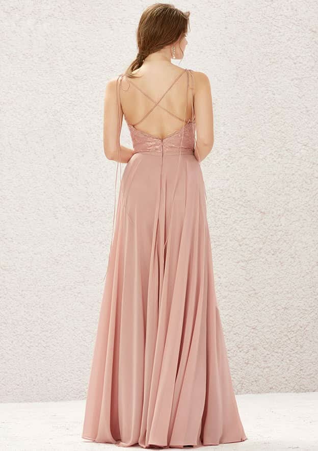 Long/Floor-Length Chiffon Bridesmaid Dress, A-Line Cut, V-Neck, Sleeveless, With Lace Pleating BM bride
