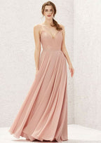 Long/Floor-Length Chiffon Bridesmaid Dress, A-Line Cut, V-Neck, Sleeveless, With Lace Pleating BM bride