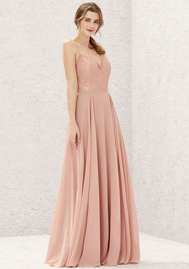 Long/Floor-Length Chiffon Bridesmaid Dress, A-Line Cut, V-Neck, Sleeveless, With Lace Pleating BM bride