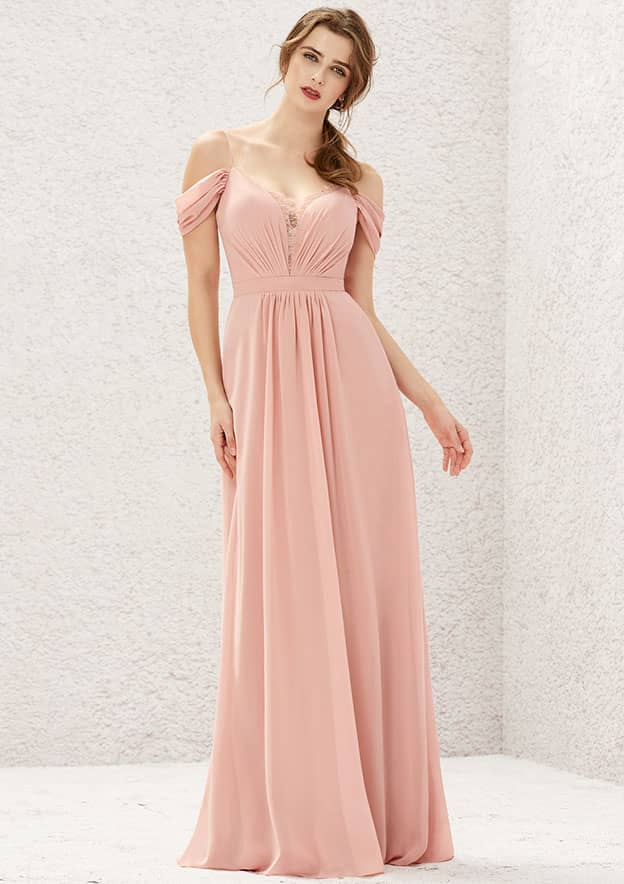 Long/Floor-Length Chiffon Bridesmaid Dress, A-Line Cut, Sweetheart Neckline, Sleeveless, With Pleated Lace BM bride
