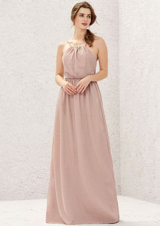 Long/Floor-Length Jersey Bridesmaid Dress, A-Line Cut, Halter Neck, Sleeveless, With Pleating BM bride