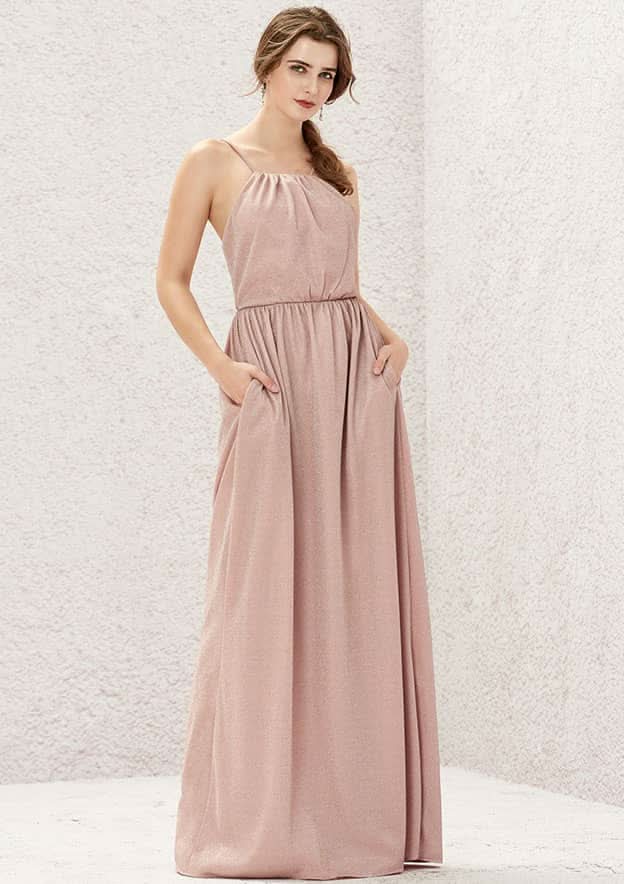 Long/Floor-Length Jersey Bridesmaid Dress, A-Line Cut, Halter Neck, Sleeveless, With Pleating BM bride