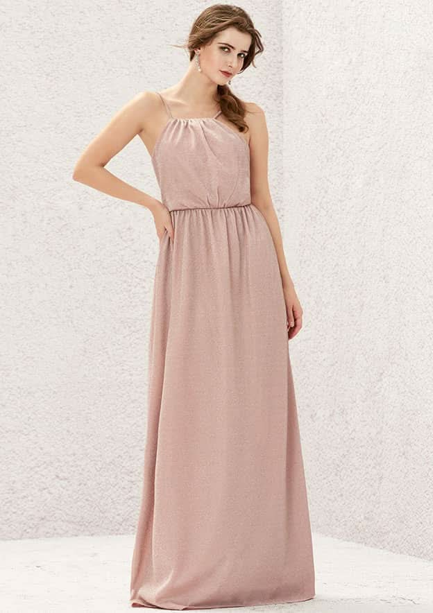 Long/Floor-Length Jersey Bridesmaid Dress, A-Line Cut, Halter Neck, Sleeveless, With Pleating BM bride