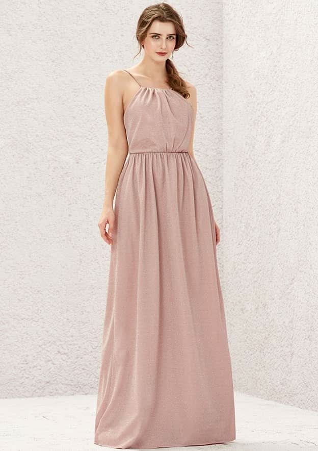 Long/Floor-Length Jersey Bridesmaid Dress, A-Line Cut, Halter Neck, Sleeveless, With Pleating BM bride