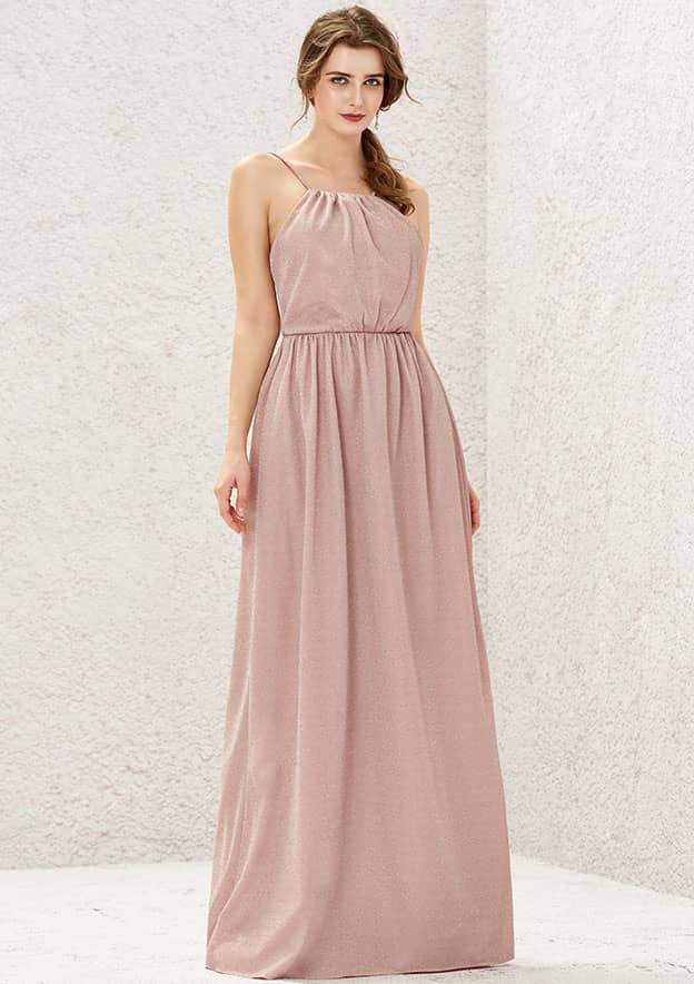 Long/Floor-Length Jersey Bridesmaid Dress, A-Line Cut, Halter Neck, Sleeveless, With Pleating BM bride