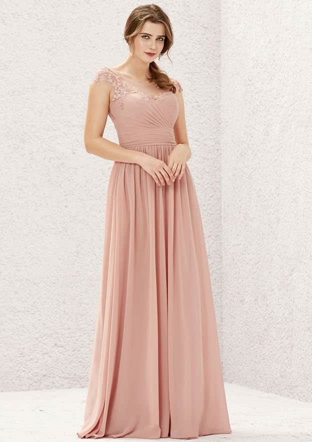 Long/Floor-Length Chiffon Bridesmaid Dress, A-Line Cut, Illusion Neck, Sleeveless, With Appliqued Pleating BM bride