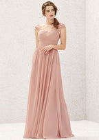 Long/Floor-Length Chiffon Bridesmaid Dress, A-Line Cut, Illusion Neck, Sleeveless, With Appliqued Pleating BM bride