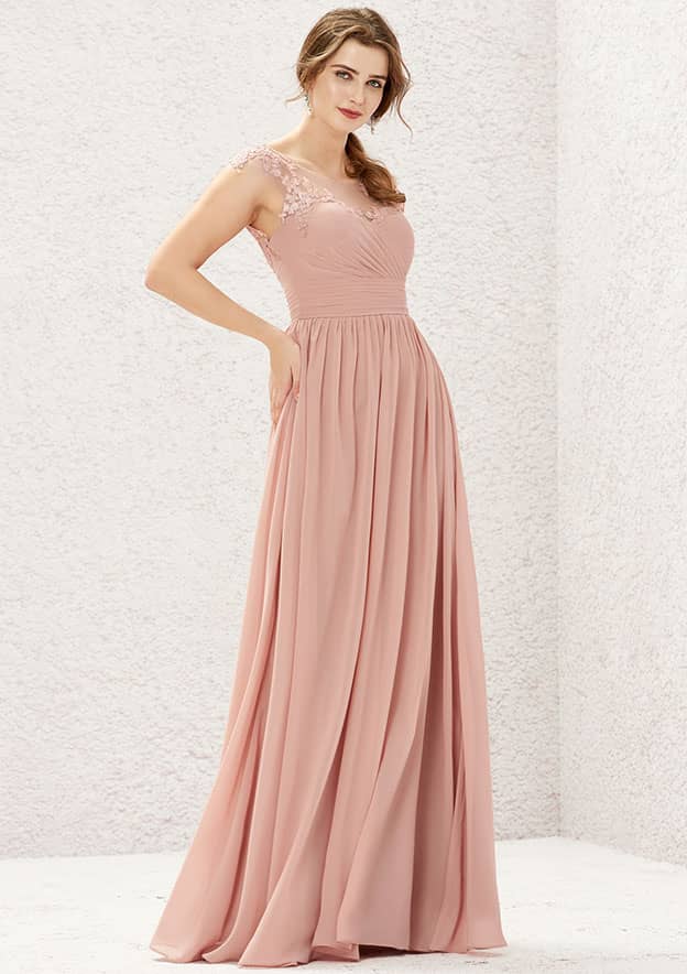 Long/Floor-Length Chiffon Bridesmaid Dress, A-Line Cut, Illusion Neck, Sleeveless, With Appliqued Pleating BM bride