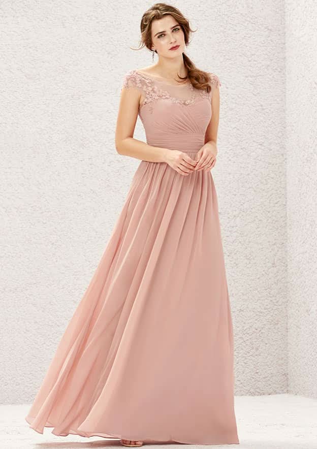 Long/Floor-Length Chiffon Bridesmaid Dress, A-Line Cut, Illusion Neck, Sleeveless, With Appliqued Pleating BM bride