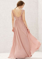 Long/Floor-Length Chiffon Bridesmaid Dress, A-Line Cut, Illusion Neck, Sleeveless, With Appliqued Pleating BM bride