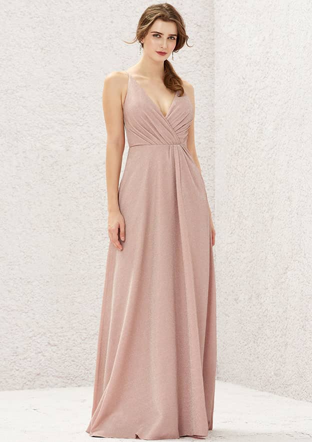 Long/Floor-Length Jersey Bridesmaid Dress, A-Line Cut, V-Neck, Sleeveless, With Pleating BM bride