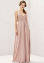Long/Floor-Length Jersey Bridesmaid Dress, A-Line Cut, V-Neck, Sleeveless, With Pleating BM bride