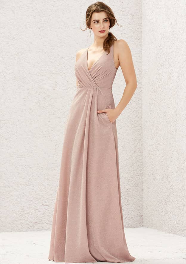 Long/Floor-Length Jersey Bridesmaid Dress, A-Line Cut, V-Neck, Sleeveless, With Pleating BM bride