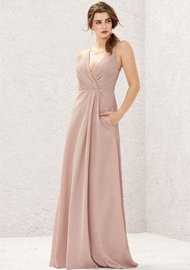 Long/Floor-Length Jersey Bridesmaid Dress, A-Line Cut, V-Neck, Sleeveless, With Pleating BM bride